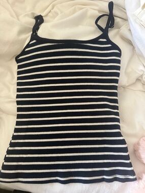 Black and White Striped Ribbed Tank Top - Women